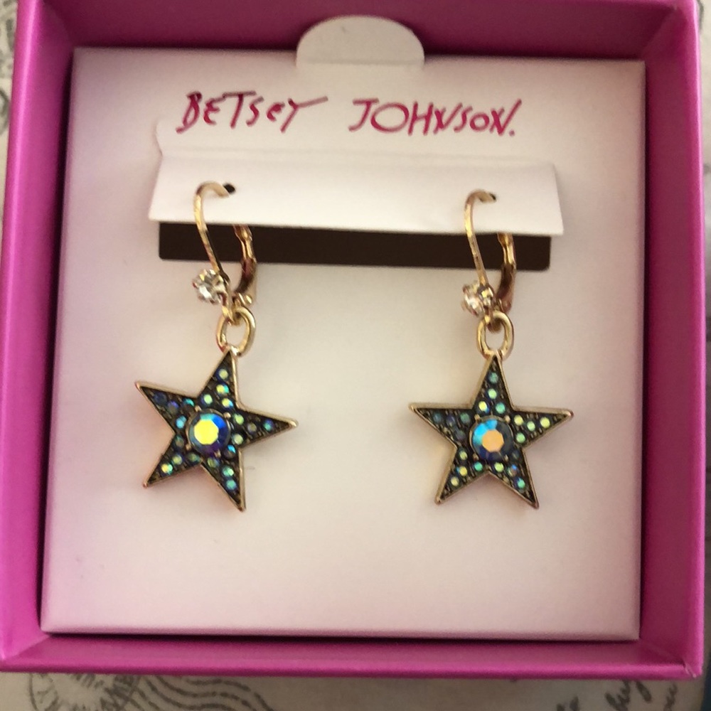 Betsey Johnson Gold Tone Heavenly Creatures Star Drop Earrings Oil Slick Color - Picture 6 of 11